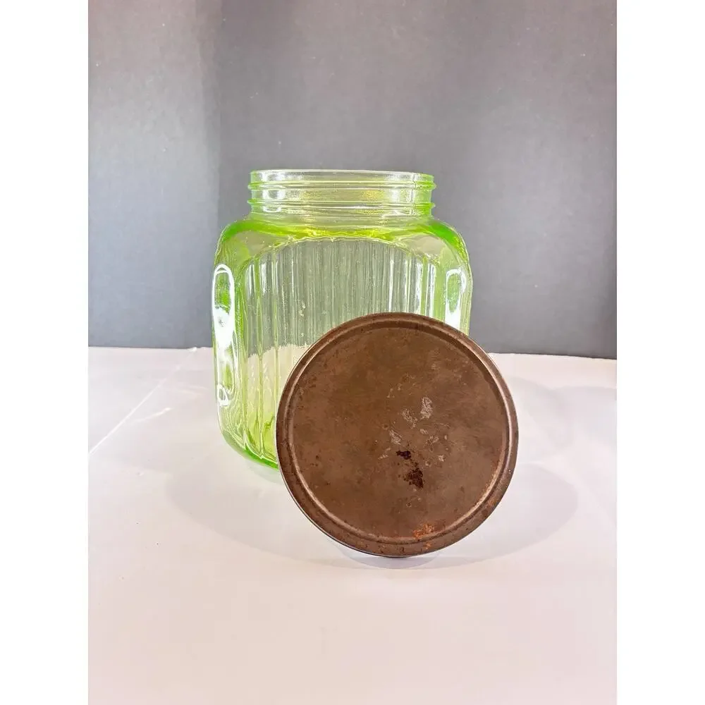 1930s Uranium Vaseline Glass Hoosier Style Canister Jar Ribbed UV Glow Lid